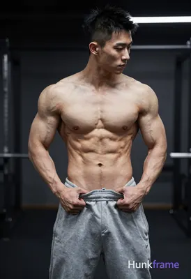 Asian man with short spiky black undercut hair and clean-shaven face, shirtless showing a highly mus