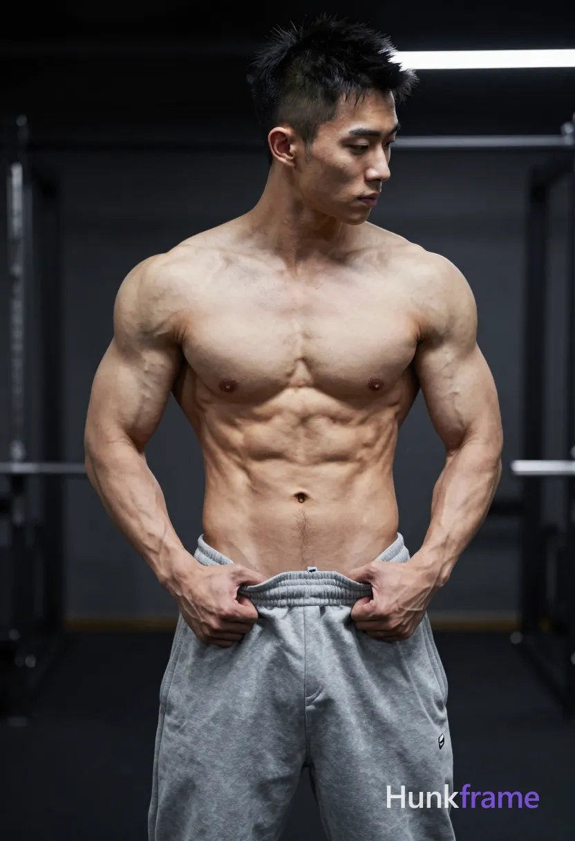 Asian man with short spiky black undercut hair and clean-shaven face, shirtless showing a highly muscular build; He stands facing slightly right in an indoor gym environment, hands gripping the waistband of grey loose sweatpants to pull them down partially exposing his lower abdomen while adjusting the left side mid-thigh; Vertical portrait crop from head to upper thighs under high-contrast overhead lighting emphasizing sculpted physique against dark industrial background, same aesthetic theme and photo feel as the reference but a different man in a different pose with distinct body proportions, lean Korean man, sharp jaw, monolid eyes, slim swimmer build, natural black hair; single clean uninterrupted photograph with a cohesive editorial composition and plain continuous surrounding surfaces