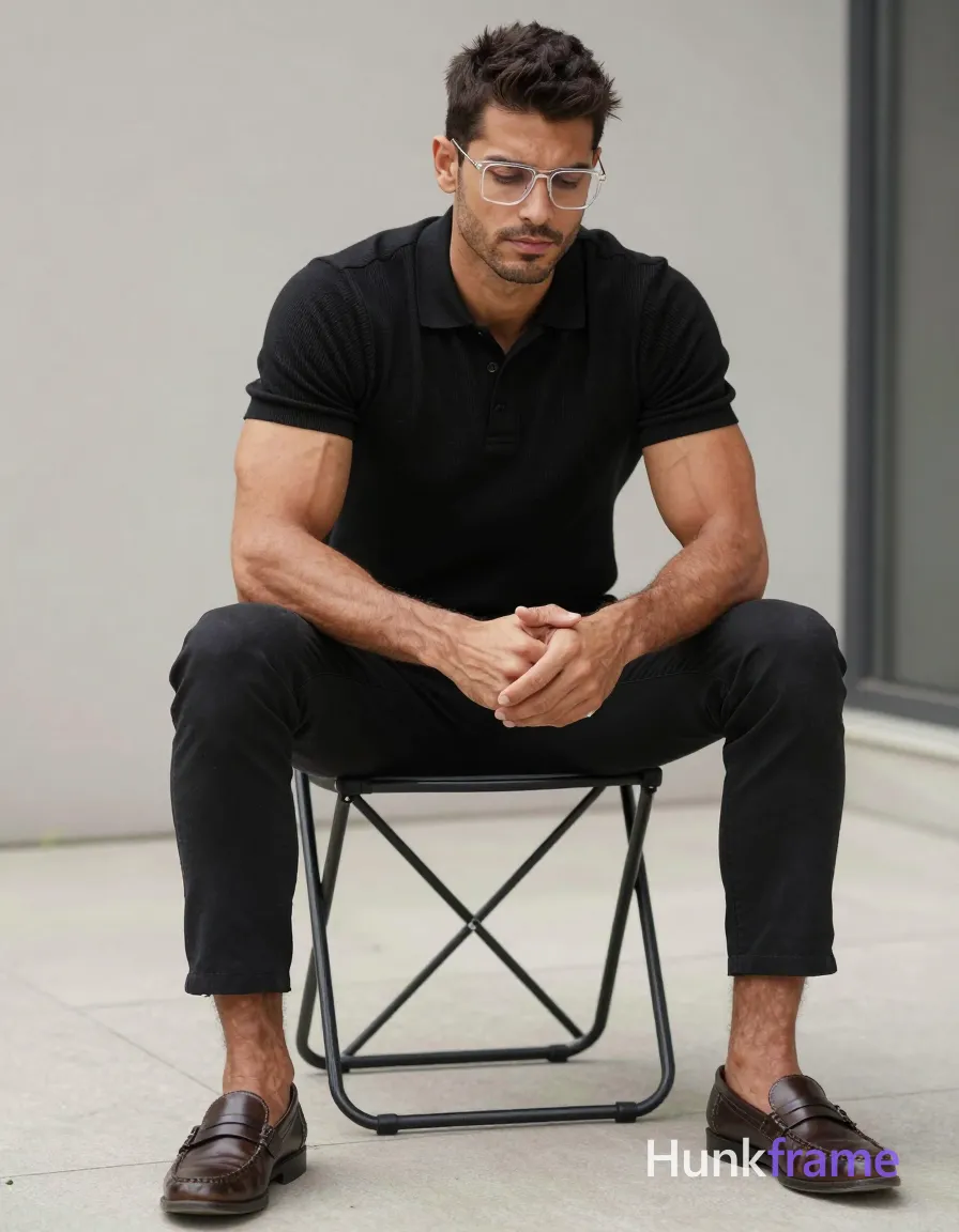 A rugged medium-dark skinned man with short textured dark hair and clear-framed rectangular glasses sits on a folding chair outdoors; He wears a black ribbed polo, slim-fit trousers, mid-calf socks, and leather loafers; His build is stocky yet muscular with broad shoulders, defined pectorals, deltoids, and thick thighs showing quadriceps definition under bright daylight; Light stubble along the jawline complements his neutral contemplative expression as he looks down in a full-body shot against an architectural backdrop; The adult man visibly wears clear-framed glasses with thin metal rims, rectangular shape; preserve the exact frame shape, rim style, color, material, and lens tint, same aesthetic theme and photo feel as the reference but a different man in a different pose with distinct body proportions, German man, fair skin, strong brow ridge, lean cyclist legs; single clean uninterrupted photograph with a cohesive editorial composition and plain continuous surrounding surfaces