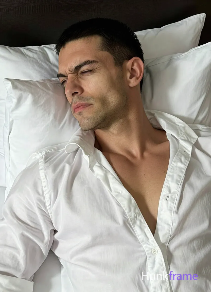 an anonymous figure adult man with short black buzz cut and light stubble, grimacing tightly shut eyes as if waking abruptly; Lying supine on back in a dark bedroom setting, head tilted left against pillows wearing a white satin button-down shirt with wide collar and deep V-neck exposing upper chest; Lean build physique visible under soft directional lighting from front-left creating subtle shadows; reflection geometry coherent; High-resolution skin texture detail showing pores on light to medium tan face; Minimalist tight crop framing shoulders up to forehead, shot on iPhone 15 Pro main camera, authentic smartphone computational photography, natural Smart HDR and true-to-life skin texture, vertical 9:16 Xiaohongshu lifestyle feed, bright clean everyday scene, unretouched phone photo with subtle sensor grain, trendy Chinese internet 网红 aesthetic, candid influencer energy; single clean uninterrupted photograph with a cohesive editorial composition and plain continuous surrounding surfaces