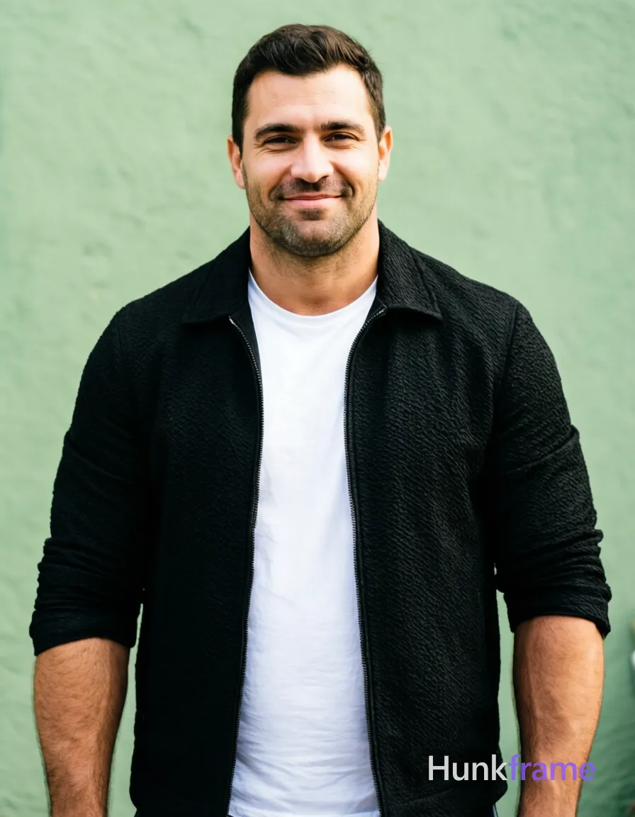 A handsome masculine man standing straight with a slight smile, wearing a black textured jacket over a white t-shirt. The image is a torso-only crop showing broad shoulders and defined abs. The background is a soft green wall under natural lighting, creating a casual yet authoritative atmosphere. The photo has a tack-sharp quality with subtle soft focus on the face and arms. The man's chest and arms are exposed, while he remains fully clothed otherwise