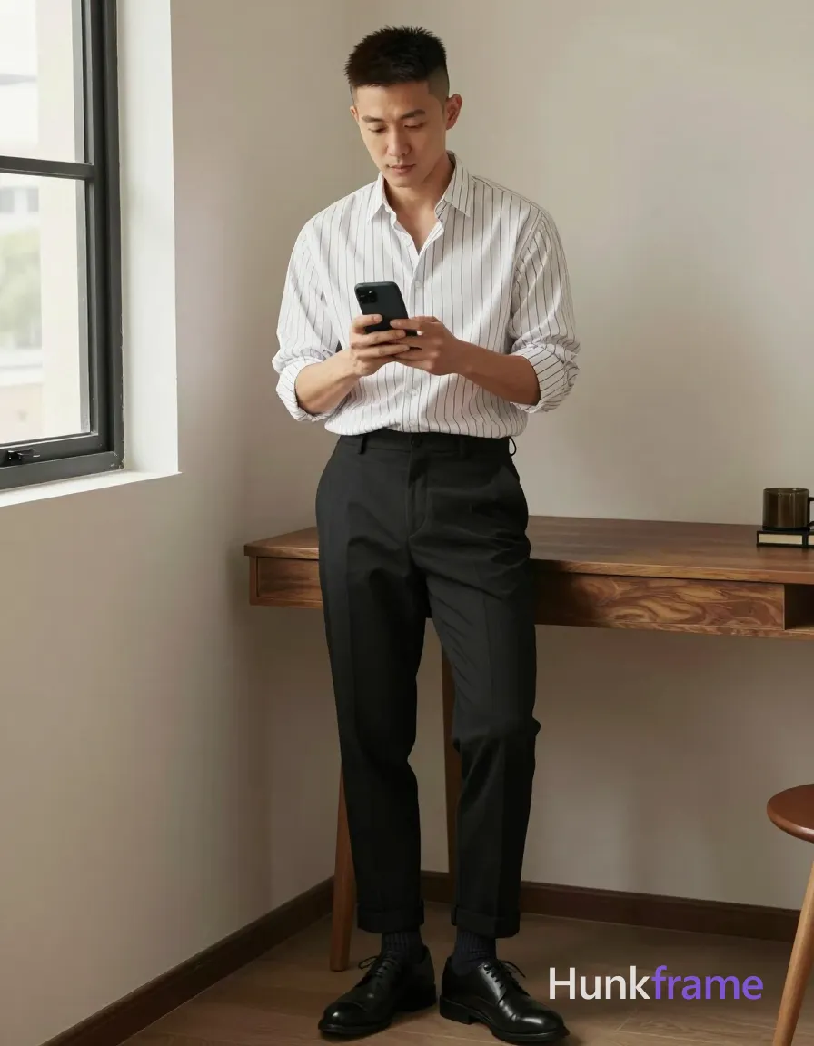 Asian man with short buzz cut, dark brown/black textured top fade to skin on sides and back, clean-shaven face; Standing in a cozy home office corner near a window; torso leaning casually while holding black smartphone in both hands at chest level for a candid selfie angle; Wearing white long-sleeve button-up shirt with thin vertical dark stripes, collar open at neck, sleeves rolled up to mid-forearm, black tailored trousers cuffed above ankles, dark ribbed crew socks pulled high on calves, black leather lace-up dress shoes; Warm natural light from window illuminating face and striped fabric texture; soft shadows in background; Vertical social-feed composition with trendy lifestyle vibe; single clean uninterrupted photograph with a cohesive editorial composition and plain continuous surrounding surfaces