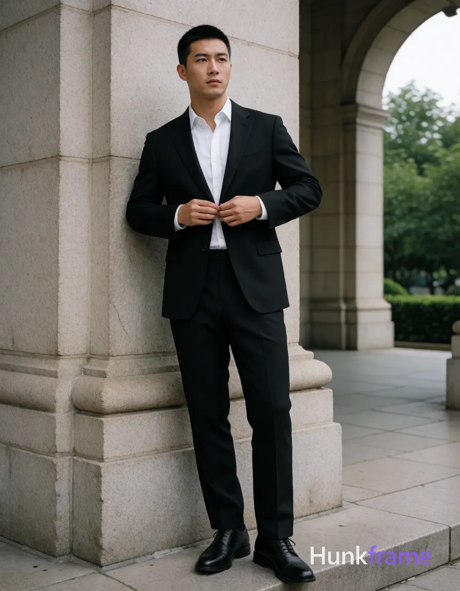 Asian man with short black buzz cut and clean-shaven face, neutral serious expression gazing off-camera left; Standing leaning against a stone column, right shoulder pressed in, weight on left leg while right foot rests on the base, knees slightly bent; Buttoning white button-down dress shirt under open collar without tie near mid-torso with both hands at chest level; Wearing black two-piece suit jacket and trousers, unobstructed face with both eyes, irises, eyebrows, temples, and nose bridge clearly visible visible, skin light-medium tone; Black leather oxford shoes, artistic partial nude neck exposed; Full-body shot center-left against large stone column background showing arched colonnade and greenery beyond; Soft natural daylight diffused by overcast sky or shaded environment, even illumination across face and body; Fine-art photography fashion editorial aesthetic sculpted posing premium styling handsome masculine man as Xiaohongshu fitness influencer candid lifestyle scene trendy vibe; single clean uninterrupted photograph with a cohesive editorial composition and plain continuous surrounding surfaces