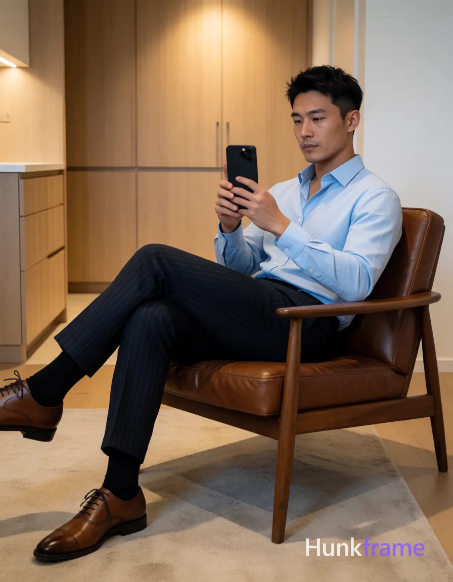 Asian man, light-medium skin tone, short black hair textured top faded sides clean neckline, clean-shaven face; Seated sideways in brown leather armchair with wooden frame, left leg crossed over right knee, torso angled toward camera mirror reflection; Wearing light blue long-sleeve button-down shirt top 2-3 buttons undone, dark pinstripe trousers, black dress socks, brown leather cap-toe oxford shoes; Holding black smartphone with both hands at chest level, thumb positioned on screen as if taking selfie or reviewing photo; Modern apartment interior with light wood cabinetry and beige rug; Soft ambient indoor lighting warm highlights on face and shirt from overhead source; Clean lines minimalist interior design high-end fashion editorial aesthetic calm composed sophisticated mood vertical portrait orientation full-body seated shot, same aesthetic theme and photo feel as the reference but a different man in a different pose with distinct body proportions, Mixed Afro-Latin man, caramel skin, locs, long limbs dancer posture; single clean uninterrupted photograph with a cohesive editorial composition and plain continuous surrounding surfaces