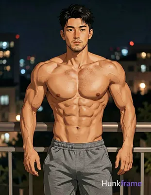 Asian adult man with light tan skin and short dark black hair styled upward at the crown, clean-shav