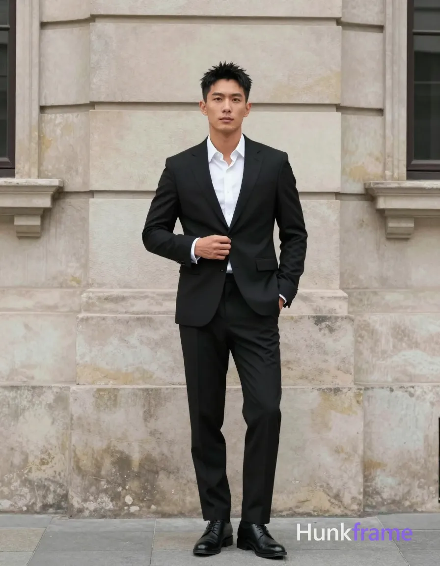 Asian man with light to medium tan skin and short textured black hair styled upward and back, clean-shaven face; Standing upright against a curved stone building in an outdoor urban environment during daylight; He wears a black two-piece suit jacket and trousers over a white collared dress shirt with top buttons undone at the neck; Left hand is tucked into pants pocket while right hand adjusts the suit jacket button near waistline; Full-body shot from head to shoes, centered vertically occupying central third of frame horizontally; Soft natural daylight creates diffused conditions with clean negative space for screen-safe wallpaper composition; single clean uninterrupted photograph with a cohesive editorial composition and plain continuous surrounding surfaces
