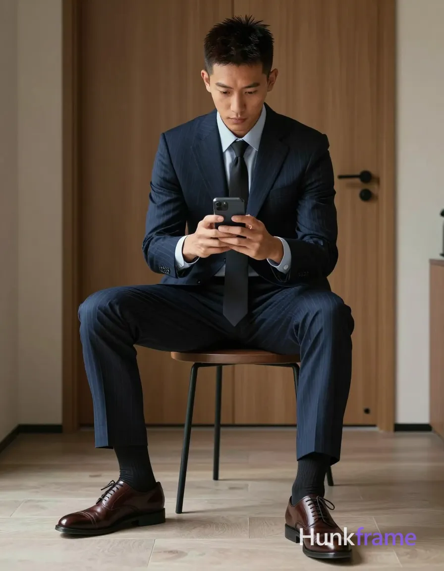 Asian man with light to medium tan skin and short textured dark hair, clean-shaven face holding a smartphone in both hands at chest level; He wears a navy pinstripe suit jacket over a buttoned light blue dress shirt, black tie, matching trousers, mid-calf socks, and leather oxford shoes; Seated on edge of stool leaning forward with right leg extended flat and left bent under body; Minimalist interior background showing wooden door and floor; Soft directional lighting from front-left creates subtle shadows on face and suit folds; Vertical portrait orientation 13:19 aspect ratio, same aesthetic theme and photo feel as the reference but a different man in a different pose with distinct body proportions, Chinese man, light tan skin, high cheekbones, lean wiry martial-arts physique; single clean uninterrupted photograph with a cohesive editorial composition and plain continuous surrounding surfaces