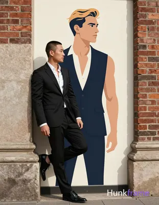 Asian man with short buzz cut and light stubble stands in three-quarter profile leaning against a st
