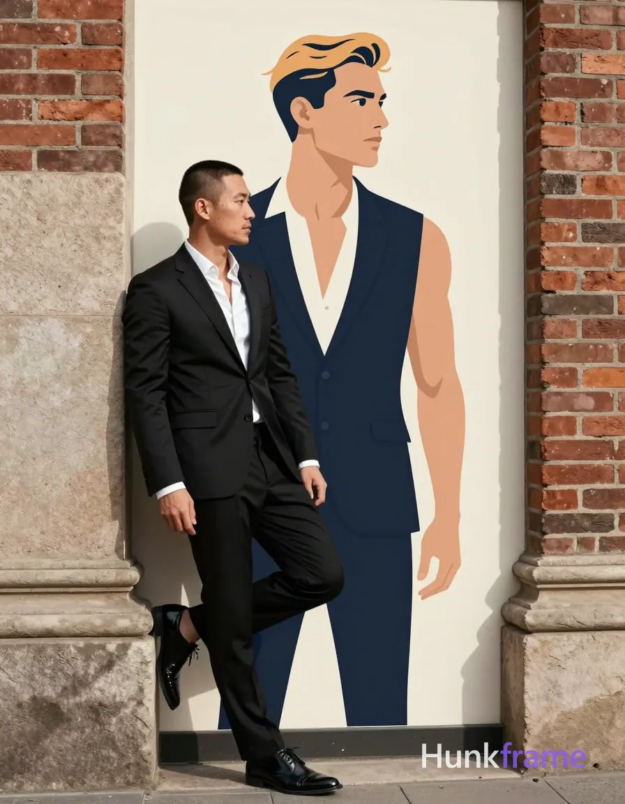 Asian man with short buzz cut and light stubble stands in three-quarter profile leaning against a stone column, right shoulder pressed to it; He wears a black tailored single-breasted suit jacket over an open white dress shirt revealing upper chest, matching black trousers; Standing full-body from head to shoes between two brick columns outdoors, weight shifted left with right foot lifted dynamically; Natural daylight casts soft shadows on sculpted broad shoulders and pectorals; Bold flat-color poster wall-art graphic design style with high-contrast color blocking and clean vector line aesthetic, same aesthetic theme and photo feel as the reference but a different man in a different pose with distinct body proportions, Northern European man, light freckled skin, dirty blond hair, tall lanky runner frame; single clean uninterrupted photograph with a cohesive editorial composition and plain continuous surrounding surfaces