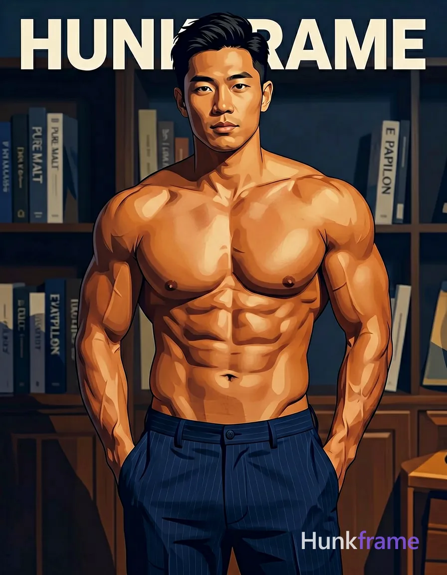 Asian man with short black hair styled back, clean-shaven face, neutral direct gaze standing center-left. Shirtless bare torso revealing highly muscular chest and abs, defined pectorals, six-pack abs, visible vascularity on arms against dark blue pinstriped trousers. Hands deep in trouser pockets creating a teasing relaxed pose. Indoor studio setting with dark bookshelf background featuring spines 'PURE MALT' and 'E PAPILLON'. Dramatic directional lighting from front-right casts high-contrast highlights on tanned skin and sculpted muscles, warm tans mixed with deep blues. Bold flat-color poster graphic design style, waist-up portrait crop to mid-thigh, clean vector line aesthetic, premium masculine editorial mood. Include exactly one visible wordmark, spelled exactly "HUNKFRAME", in the same compositional text position; preserve its appropriate typography and scale. No other visible text, logo, caption, username, hashtag, comment, watermark, or UI chrome., same aesthetic theme and photo feel as the reference but a different man in a different pose with distinct body proportions, Pacific Islander man, sun-kissed skin, stocky powerful legs, short curly hair, wearing underwear or swim trunks, covered genitals, no frontal nudity, a single uninterrupted photograph only, no written words or typography anywhere in frame, no captions, no app UI, no social-media post layout, no screenshot borders
