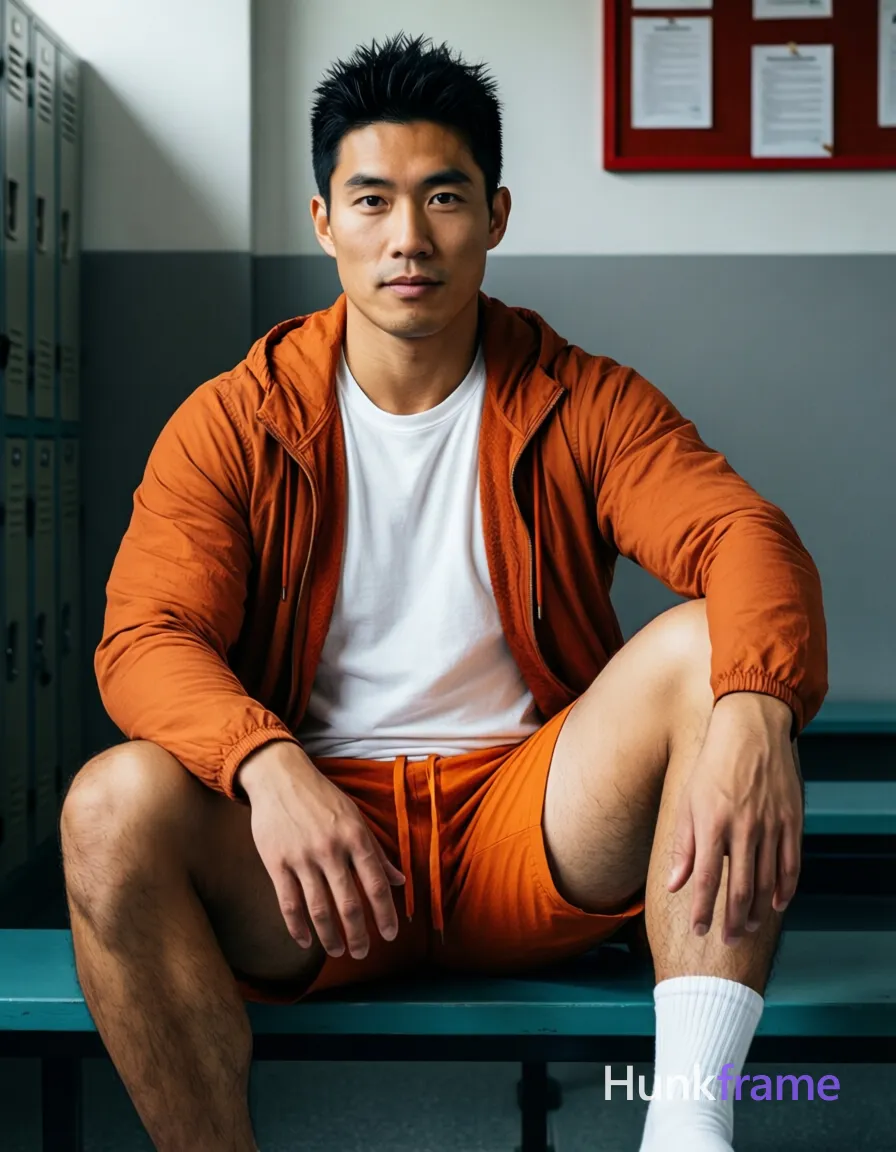 Asian man with short black spiky hair and clean-shaven face, neutral gaze direct eye contact seated on a teal bench or ledge in an indoor locker room. Legs bent with knees up slightly apart, torso relaxed upright, hands resting loosely on thighs/knees wearing orange zip-up hooded jacket unzipped to mid-chest over white crew-neck t-shirt and matching orange drawstring shorts. White ribbed ankle sock visible on right foot while left leg remains bare exposing lower calf skin texture. Lean build with defined jawline under soft directional light from front-left casting subtle shadows defining facial structure and clothing folds against muted background grays, whites, and red-framed notice board detail composed as full-bleed vertical phone-wallpaper., a single uninterrupted photograph only, no written words or typography anywhere in frame, no captions, no app UI, no social-media post layout, no screenshot borders