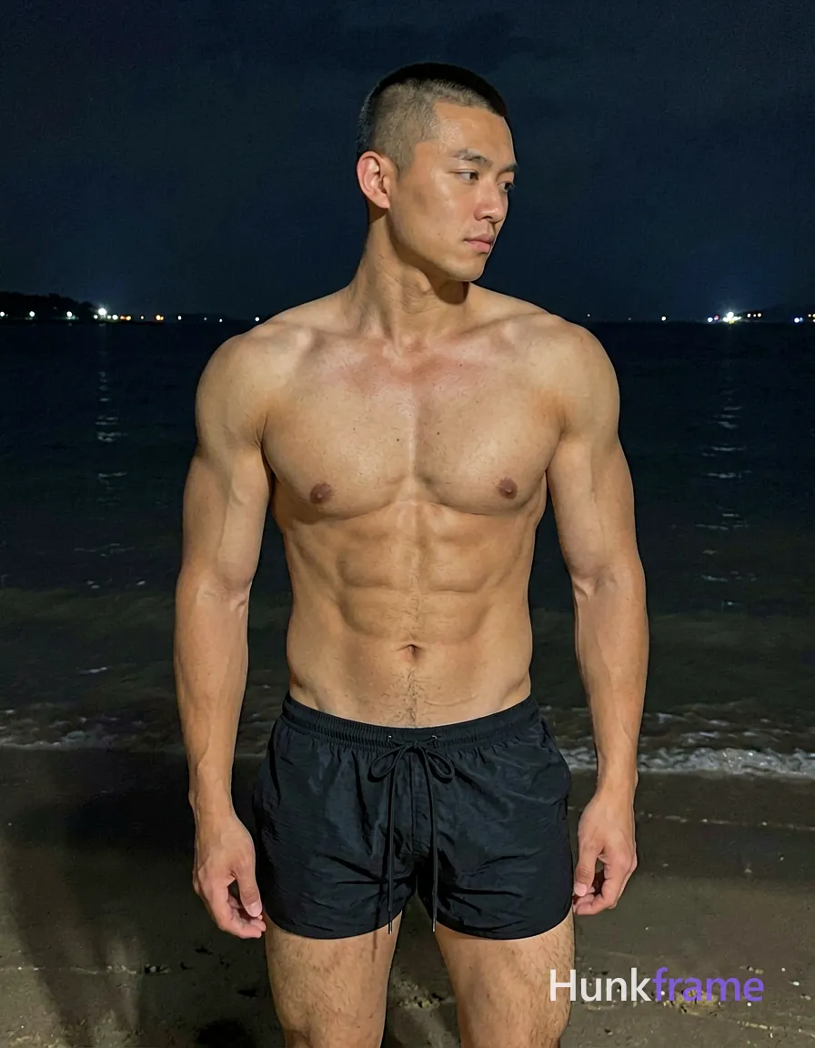 Asian man with short buzz cut and clean-shaven face stands upright in night beach setting, torso angled left gazing downward right; Shirtless adult displaying sculpted shoulders, defined pectorals, visible six-pack abs, toned arms wearing black drawstring swim trunks at hip level; Candid lifestyle scene captured on iPhone aesthetic with vertical social-feed composition against dark water backdrop with distant lights; Trendy influencer vibe emphasizes real masculine form and intimate mood in minimalist setting; securely fitted underwear or swim trunks with complete frontal coverage; single clean uninterrupted photograph with a cohesive editorial composition and plain continuous surrounding surfaces