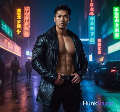 Asian man standing confidently in a cyberpunk cityscape, shirtless with defined 