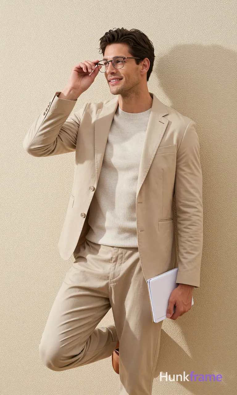an anonymous figure man in his 30s, light to medium tan skin, short textured dark brown hair styled upward at the crown; He wears rectangular wire-frame glasses with thin dark rims resting on nose and ears, clean-shaven face, slim build standing against a textured beige wall outdoors; Left hand raised adjusting eyewear near right eye while holding white notebook in right hand at hip level; weight shifted onto left leg with slight knee bend, right leg straight relaxed; Wearing beige single-breasted blazer with notched lapel and flap pockets over light beige ribbed crew-neck sweater, matching beige trousers with cuffed hems; The adult man visibly wears rectangular wire-frame glasses with thin dark rims; lenses clear; resting on nose and ears; visible in both eyes on his face; preserve the exact frame shape, rim style, color, material, and lens tint, shot on iPhone 15 Pro main camera, authentic smartphone computational photography, natural Smart HDR and true-to-life skin texture, vertical 9:16 Xiaohongshu lifestyle feed, bright clean everyday scene; single clean uninterrupted photograph with a cohesive editorial composition and plain continuous surrounding surfaces