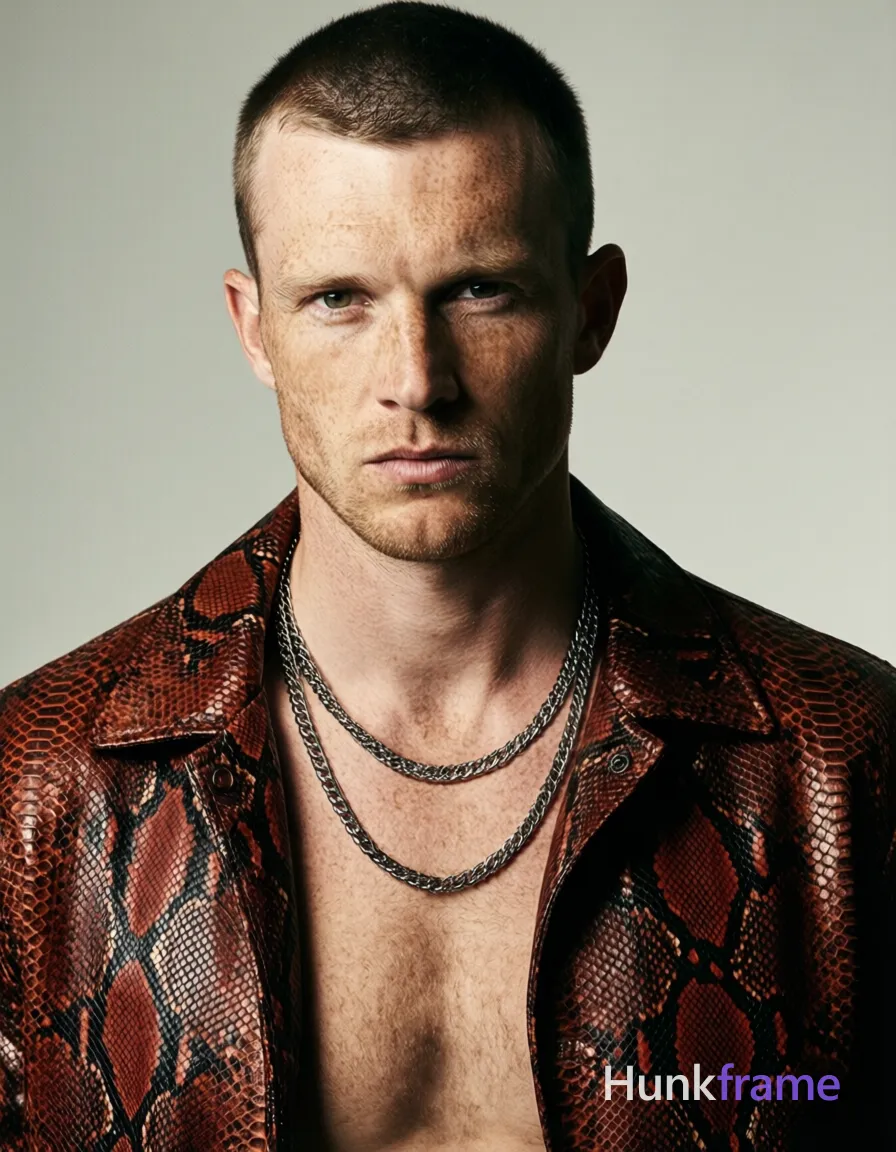 A handsome white man with fair freckled skin and short dark cropped hair stands head-and-shoulders centered, shirtless with a bare chest and neck. He wears an open red-brown snakeskin-patterned jacket revealing silver metallic chains around his neck against a plain studio setting. Dramatic directional lighting from front-left sculpts his lean build and defined jawline in high-fashion editorial photography style. The head fills the upper two-thirds of this vertical portrait, capturing intense masculine mood with direct gaze. Include exactly one visible wordmark, spelled exactly "HUNKFRAME", in the same compositional text position; preserve its appropriate typography and scale. No other visible text, logo, caption, username, hashtag, comment, watermark, or UI chrome., a single uninterrupted photograph only, no written words or typography anywhere in frame, no captions, no app UI, no social-media post layout, no screenshot borders