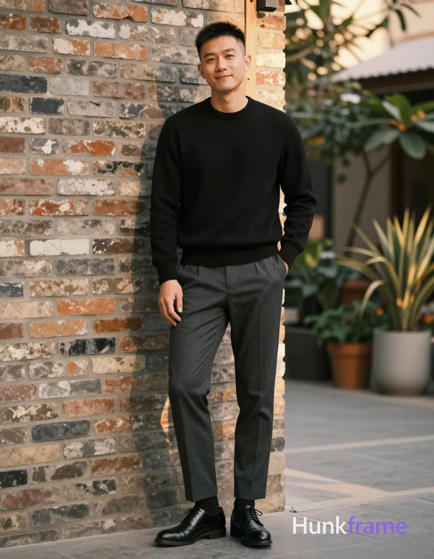 Asian man in XHS lifestyle photography, standing full-body shot against a weathered brick wall with potted plants and soft sunlight; He wears a black long-sleeve crewneck sweater fully covering torso, dark gray tailored trousers, black socks pulled to mid-calf, and black leather cap-toe dress shoes; Short black hair with faded undercut sides, clean-shaven head and face; Pose: leaning casually against the wall, one hand in pocket, slight smile looking at camera; Warm golden hour lighting from right side creating soft highlights on skin, shallow depth of field blurring background foliage; Clean lines, editorial composition, fashion-forward styling, monochromatic wardrobe and muted earth tones; single clean uninterrupted photograph with a cohesive editorial composition and plain continuous surrounding surfaces