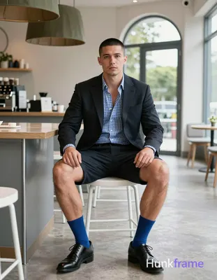 an anonymous figure man seated upright on white stool in modern coffee shop, slim build with short b