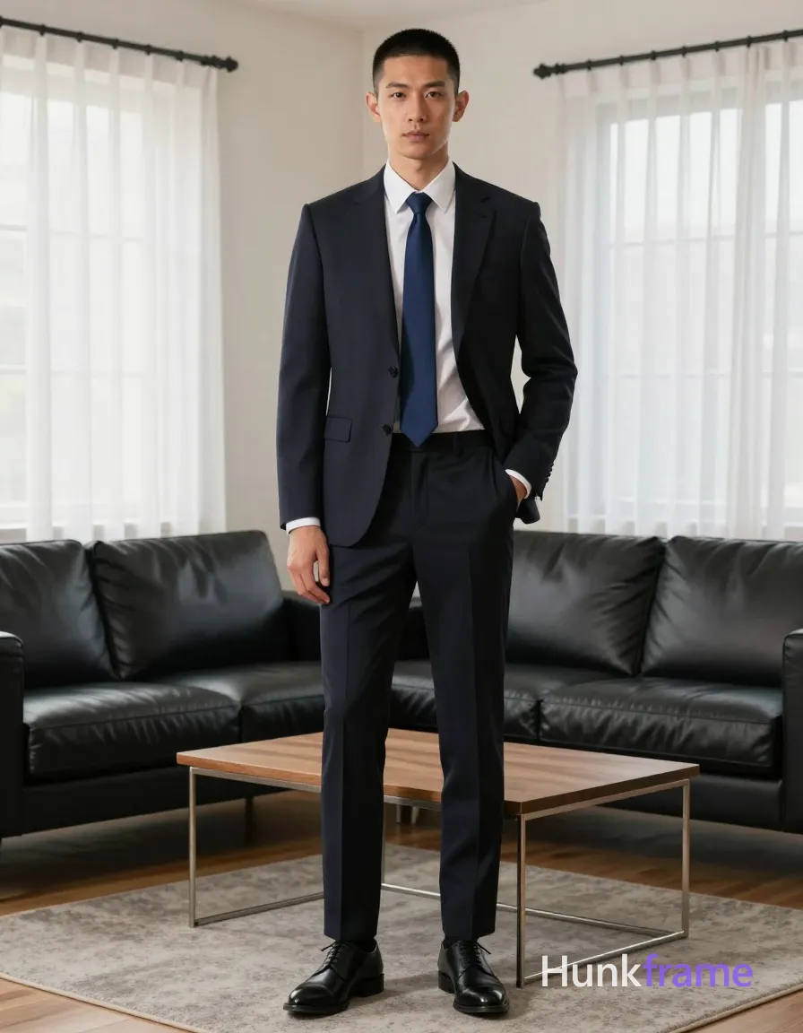 an anonymous figure man with short black buzz cut and clean-shaven face, neutral gaze directed forward at camera; Standing upright facing the camera directly, left hand in pants pocket, right arm relaxed by side; Wearing dark navy tailored suit jacket with notched lapels worn open over a white dress shirt, matching dark navy slim-fit trousers tucked into black leather-soled oxford shoes, solid navy blue necktie knotted neatly at collar; Fully clothed adult with slim build and defined shoulders and waistline; Modern living room interior featuring a black leather sofa, wooden coffee table with metal frame, sheer white curtains covering large windows, beige walls, light wood flooring, gray rug underfoot; Soft natural daylight from left-side window creating gentle shadows across face and suit fabric; High contrast between dark suit and bright window light; Clean composition with centered subject against neutral background; Full body vertical shot from head to toe with slight low-angle perspective; single clean uninterrupted photograph with a cohesive editorial composition and plain continuous surrounding surfaces