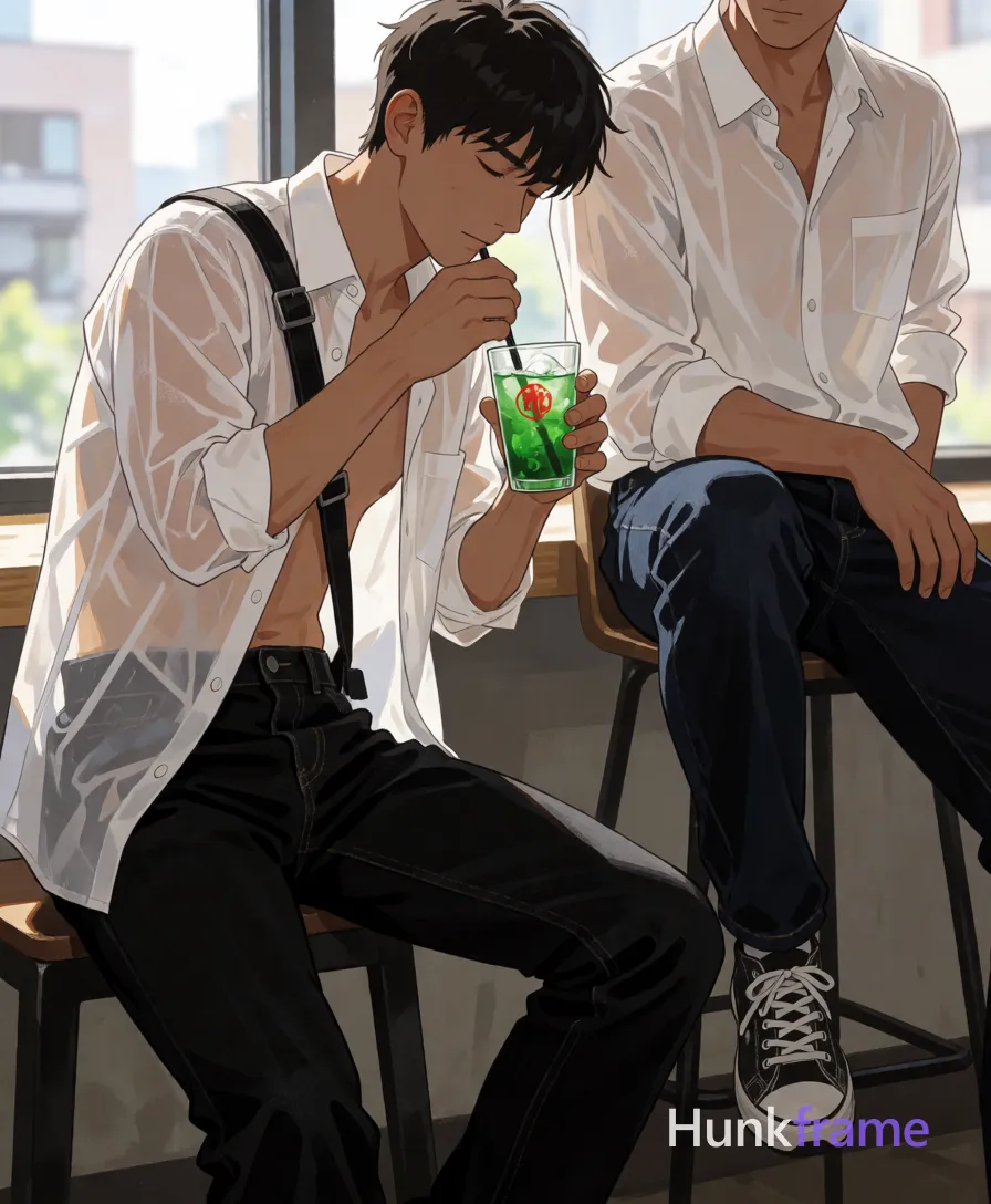 an anonymous figure adult men in polished anime 2.5D next-gen game art style left seated on dark stool leaning forward torso angled center holding black strap across chest with both hands near collarbone right hand also holding clear glass containing green drink red logo straw while adjusting it, right subject standing or perched on stool chair one leg crossed over other knee both wearing white semi-sheer button-up shirt worn open exposing upper chest sleeves rolled up slightly wrists black trousers jeans lower portion visible; Natural daylight streaming through large windows creating soft shadows highlights faces bodies shallow depth of field keeping focus subjects softly blurring urban backdrop high contrast between bright shirts dark blues blacks from jeans strap skin tones ranging light to medium brown green drink pop color neutral beige grey walls furniture intimate casual yet stylized slightly sensual due exposed skin bite marks relaxed atmosphere portrait left side frame fine-art photography aesthetic 13:19 aspect ratio; FULL GARMENT TEXT REPLACEMENT: remove every source garment word, sentence; single clean uninterrupted artwork with a cohesive composition and plain continuous surrounding surfaces