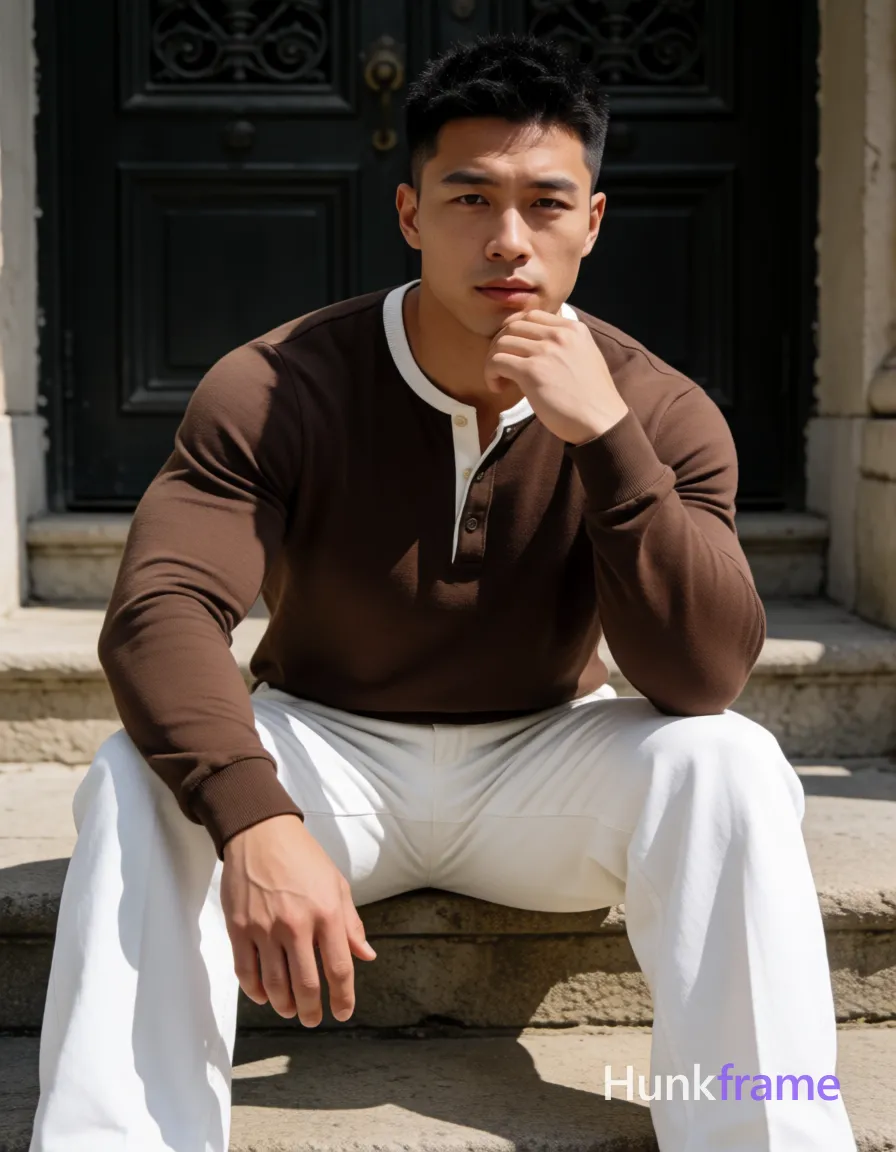 Heavily muscular adult man with substantial muscle mass, wide shoulders, thick neck, large chest and arms, powerful thighs, and dense bodybuilding proportions; Asian man with short black textured spiky hair fading to tight buzz, clean-shaven face, neutral contemplative gaze directed at camera; Seated on stone steps in front of dark ornate double doors, knees bent and legs spread apart, left hand resting under chin, right arm extended downward along thigh; Wearing brown long-sleeve henley shirt with white ribbed collar trim and button placket, fully clothed torso, white wide-leg trousers; Full-body shot from head to knees centered composition; Natural daylight illuminating earthy palette of browns, whites, and stone grays; Athletic photography aesthetic emphasizing defined heavily muscular build anatomy, confident strength posture, clean lines, neutral tones with dramatic directional light sculpting the physique; single clean uninterrupted photograph with a cohesive editorial composition and plain continuous surrounding surfaces