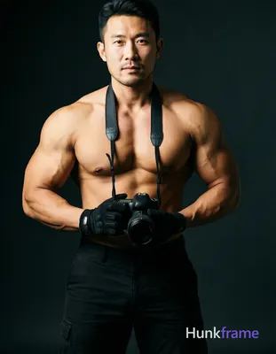 A handsome Asian man photographed in a photorealistic editorial style. He is shi
