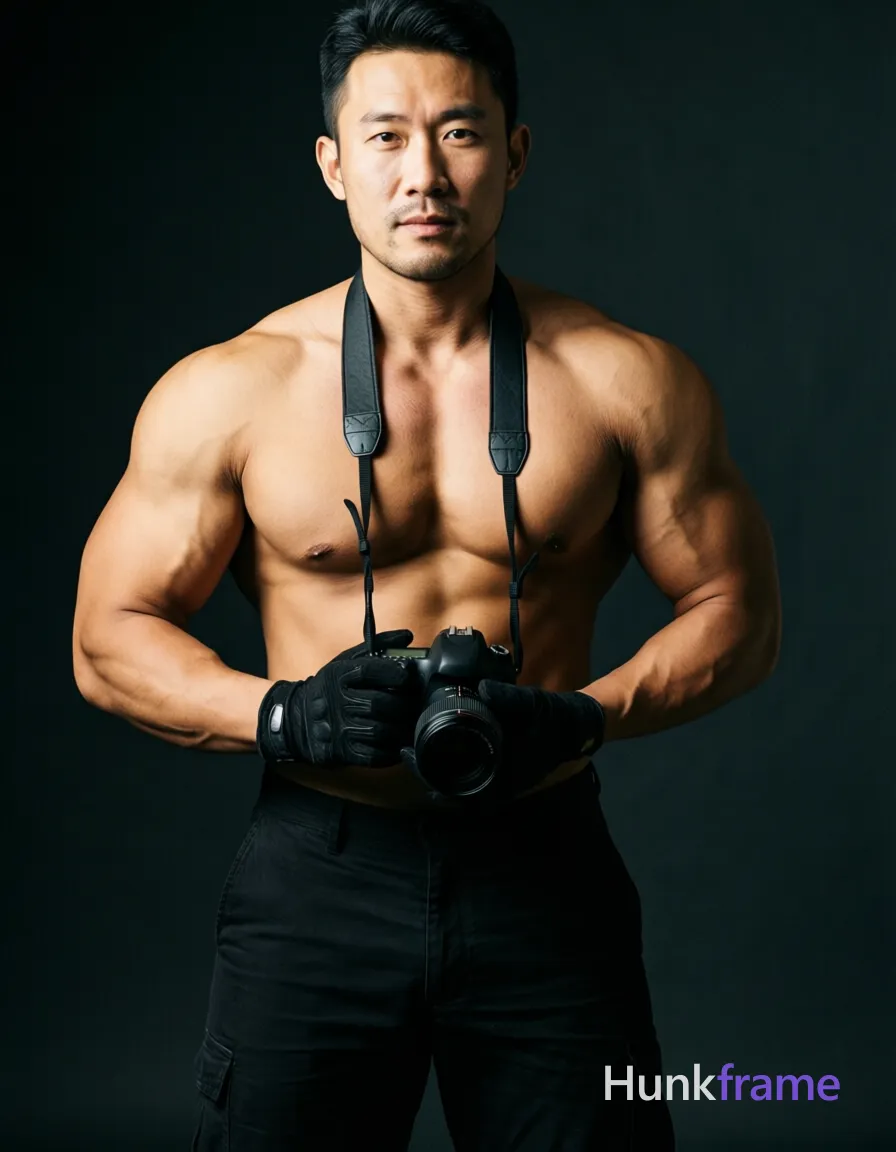A handsome Asian man photographed in a photorealistic editorial style. He is shirtless with black pants, black gloves, and a black camera strap around his neck. The image has a vertical portrait orientation with an aspect ratio of 683:1024 on an 832x1216 canvas. The torso-only crop focuses sharply on the subject's upper body and face, highlighting thick muscular thighs. Dark background with focused lighting creates dramatic shadows and highlights around the chest and abs. No other people are visible in this image