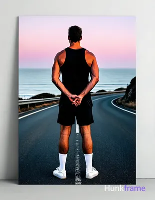 Bold flat-color poster wall art of adult man standing with back to camera hands clasped behind lower