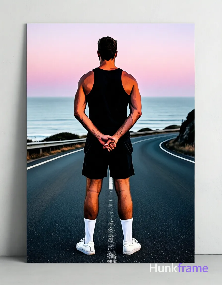 Bold flat-color poster wall art of adult man standing with back to camera hands clasped behind lower back on coastal paved road at dusk; He wears black sleeveless tank top exposing upper back shoulders arms, black athletic shorts ending mid-thigh, white crew socks pulled up to mid-calf, white low-top sneakers; High-contrast color blocking features pale blue-gray ocean pink lavender sky against clean vector line composition with strong leading lines from road curvature; single clean uninterrupted photograph with a cohesive editorial composition and plain continuous surrounding surfaces