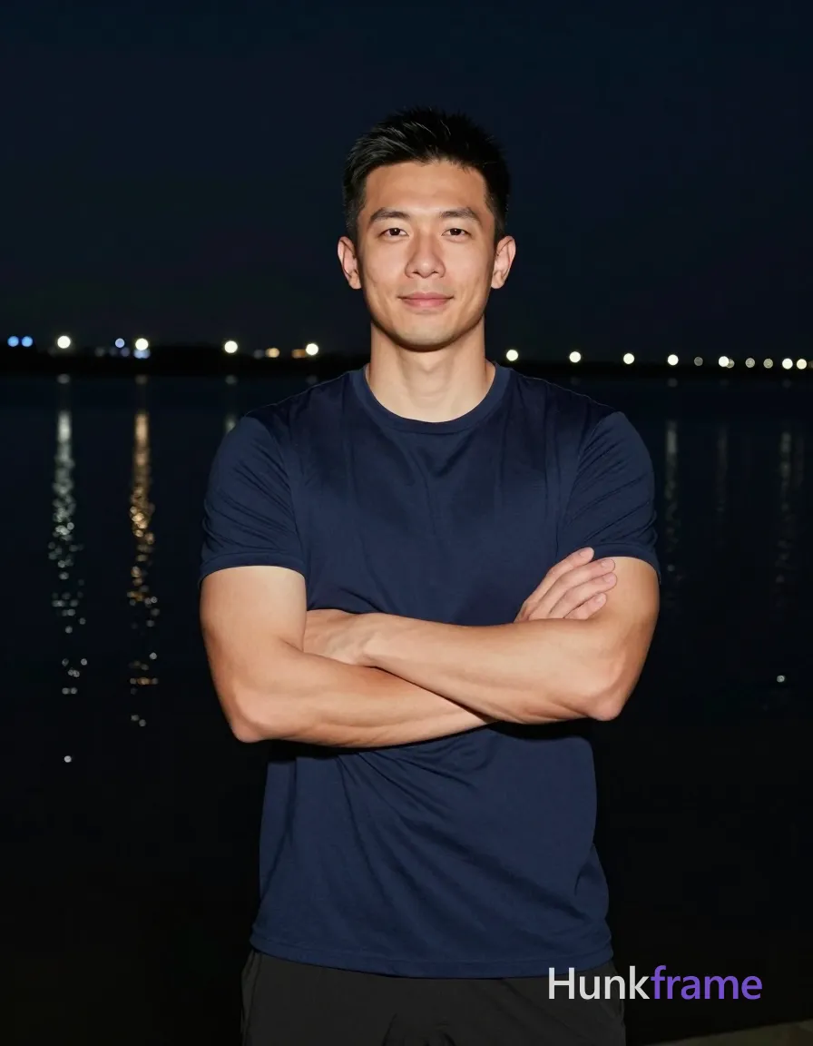 Asian man with short black hair and clean-shaven face stands confidently at a nighttime waterfront, arms crossed over chest in solid navy blue crew-neck t-shirt; Soft frontal fill light illuminates his broad shoulders and defined biceps against dark sky with distant water lights reflecting behind him; Slightly soft focus on background creates natural night photography aesthetic; Vertical portrait crop from head to mid-thighs captures relaxed smiling expression, same aesthetic theme and photo feel as the reference but a different man in a different pose with distinct body proportions, German man, fair skin, strong brow ridge, lean cyclist legs; single clean uninterrupted photograph with a cohesive editorial composition and plain continuous surrounding surfaces