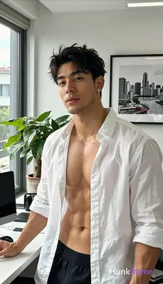 Asian man with medium tan skin and short dark tousled hair, light chin stubble, shirtless white butt