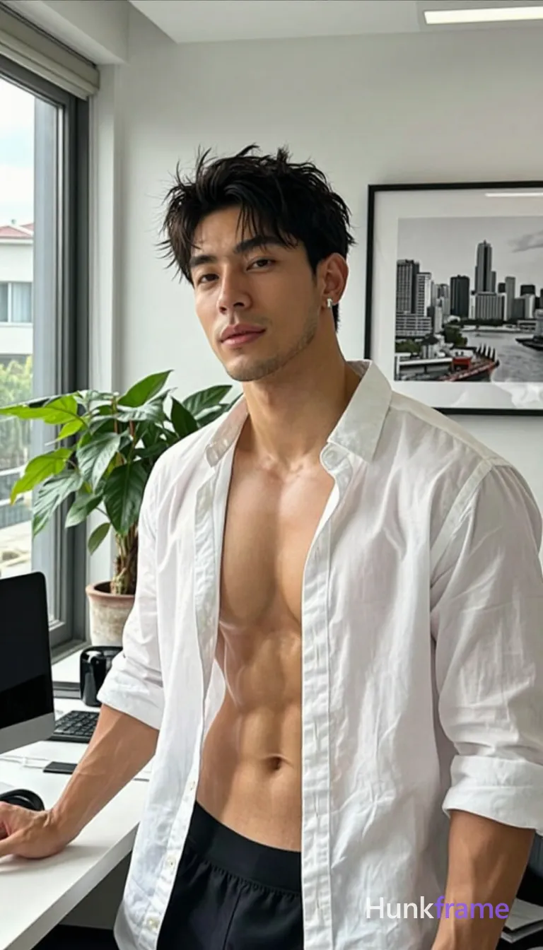 Asian man with medium tan skin and short dark tousled hair, light chin stubble, shirtless white button-down open to navel exposing six-pack abs; torso angled right while facing camera, left arm on desk surface; Indoor home office setting with large window on left, potted plant and framed cityscape print visible behind him; Natural daylight from side creates soft shadows across face and bare chest; Vertical portrait composition capturing mid-thighs up to head in fine-art photography aesthetic, shot on iPhone 15 Pro main camera, authentic smartphone computational photography, natural Smart HDR and true-to-life skin texture, vertical 9:16 Xiaohongshu lifestyle feed, bright clean everyday scene, unretouched phone photo with subtle sensor grain, trendy Chinese internet 网红 aesthetic, candid influencer energy; single clean uninterrupted photograph with a cohesive editorial composition and plain continuous surrounding surfaces