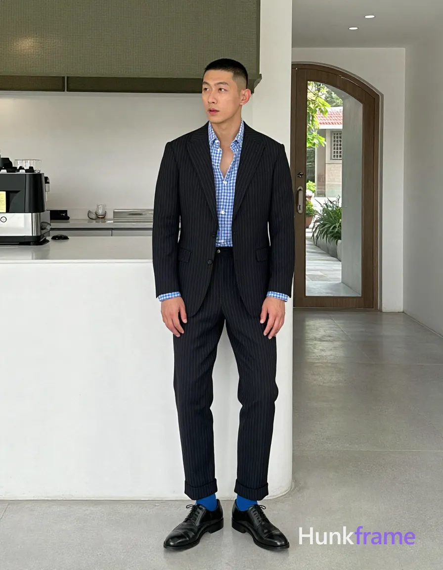 an anonymous figure adult man with short black buzz cut and clean-shaven face He wears a dark pinstripe single-breasted suit jacket over an open blue-and-white gingham button-down shirt exposing the upper chest collarbone area; Matching dark pinstripe trousers with cuffed hems reveal solid blue crew-neck socks and black leather cap-toe dress shoes on feet flat on floor; Hands rest loosely on thighs while legs display a slim build structure; Background features a modern coffee bar counter, hanging olive-green fabric shades, and an arched glass doorway to the outdoors in a minimalist interior with high-key natural lighting, shot on iPhone 15 Pro main camera, authentic smartphone computational photography, natural Smart HDR and true-to-life skin texture, vertical 9:16 Xiaohongshu lifestyle feed, bright clean everyday scene, unretouched phone photo with subtle sensor grain, trendy Chinese internet 网红 aesthetic, candid influencer energy; single clean uninterrupted photograph with a cohesive editorial composition and plain continuous surrounding surfaces