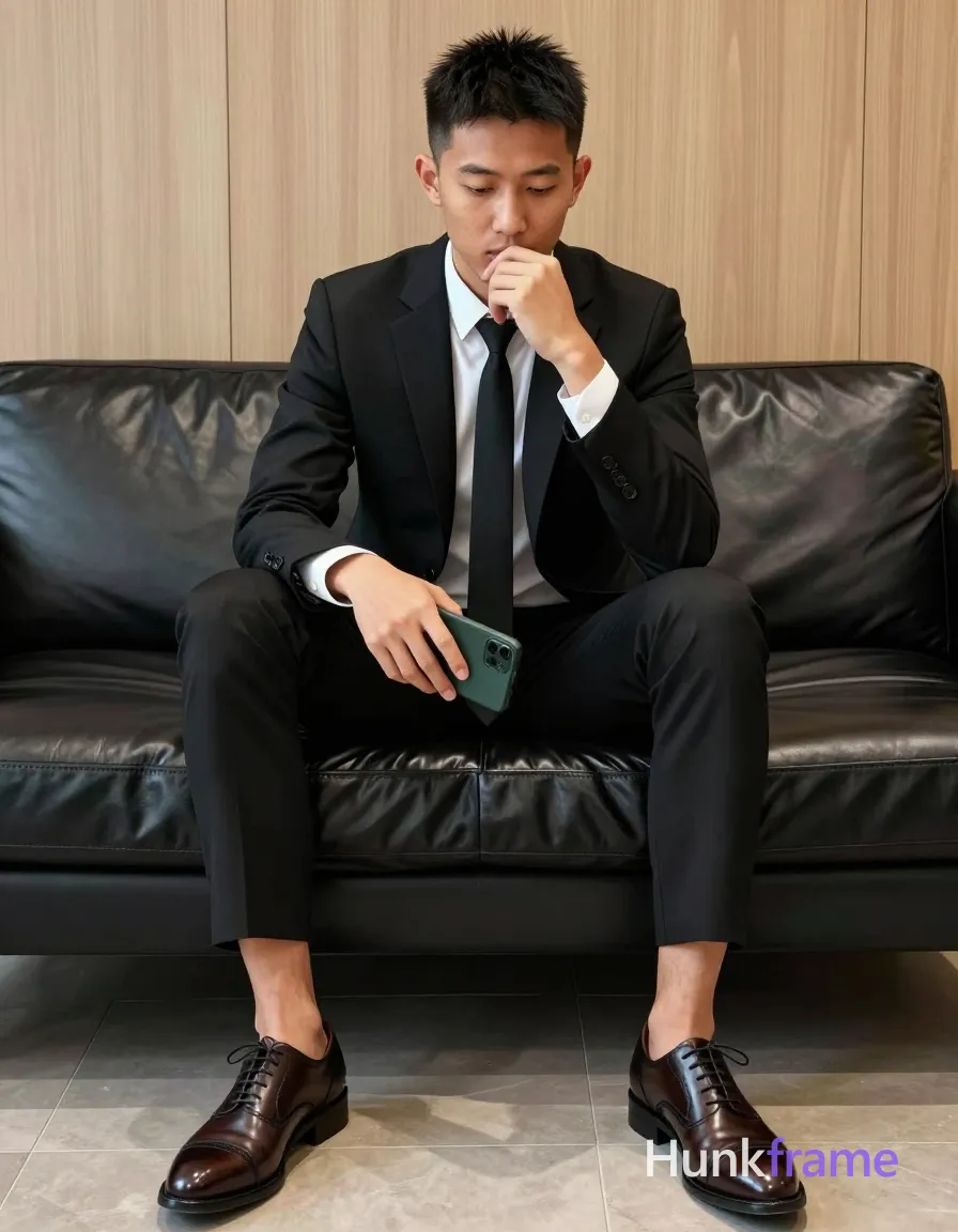 an anonymous figure man with light to medium tan skin and short black quiff hair, clean-shaven face, seated on a black leather sofa in modern interior; He wears a slim-fit black two-piece suit jacket and trousers over a white button-down shirt with collar visible above a solid black necktie, dark brown leather oxford shoes with laces tied neatly, holding a green smartphone against his left thigh while right hand rests under chin in contemplative gesture; Full-body shot from head to shoes centered horizontally, seated on sofa occupying lower two-thirds of frame; head positioned in upper third against light wood-paneled wall background; Soft ambient indoor lighting creates even illumination with subtle highlights on face and shoulder; High-resolution fashion editorial photography style; single clean uninterrupted photograph with a cohesive editorial composition and plain continuous surrounding surfaces
