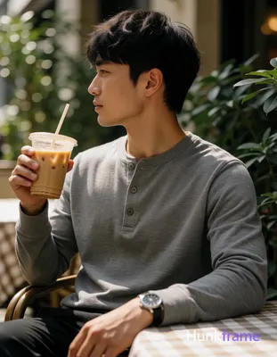 an anonymous figure man with short textured black hair swept forward, clean-shaven face, light to me
