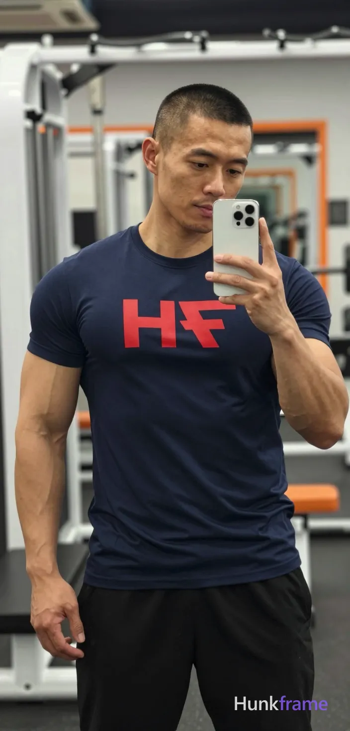 Asian man with medium-tan skin and short buzz cut, light stubble on jawline holding white smartphone in left hand for mirror selfie; Wearing dark navy blue an anonymous figure t-shirt with large red logo across chest; mirrored 'HF' text below it replaces all source branding exactly as HF wordmark would appear if present but none exists here so only garment details remain fully intact without extra logos; Standing upright facing slightly right of camera in gym mirror angle, torso relaxed engaged; Background shows blurred weight machines with white frames and orange accents under bright overhead artificial illumination creating soft shadows; Portrait vertical crop from chest to mid-thighs centered filling frame shoulders to thighs shallow depth of field blurring background naturalistic skin texture clean composition confident focused casual athleticism mood muscle-bear aesthetic broad shoulders defined pectorals toned arms prominent biceps triceps rugged warm confidence; FULL GARMENT TEXT REPLACEMENT: remove every source garment word, sentence, slogan, logo, and partial brand spelling from every existing print area, then replace; single clean uninterrupted photograph with a cohesive editorial composition and plain continuous surrounding surfaces