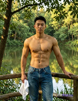 A muscular male subject standing outdoors in a natural setting with trees and water visible in the b