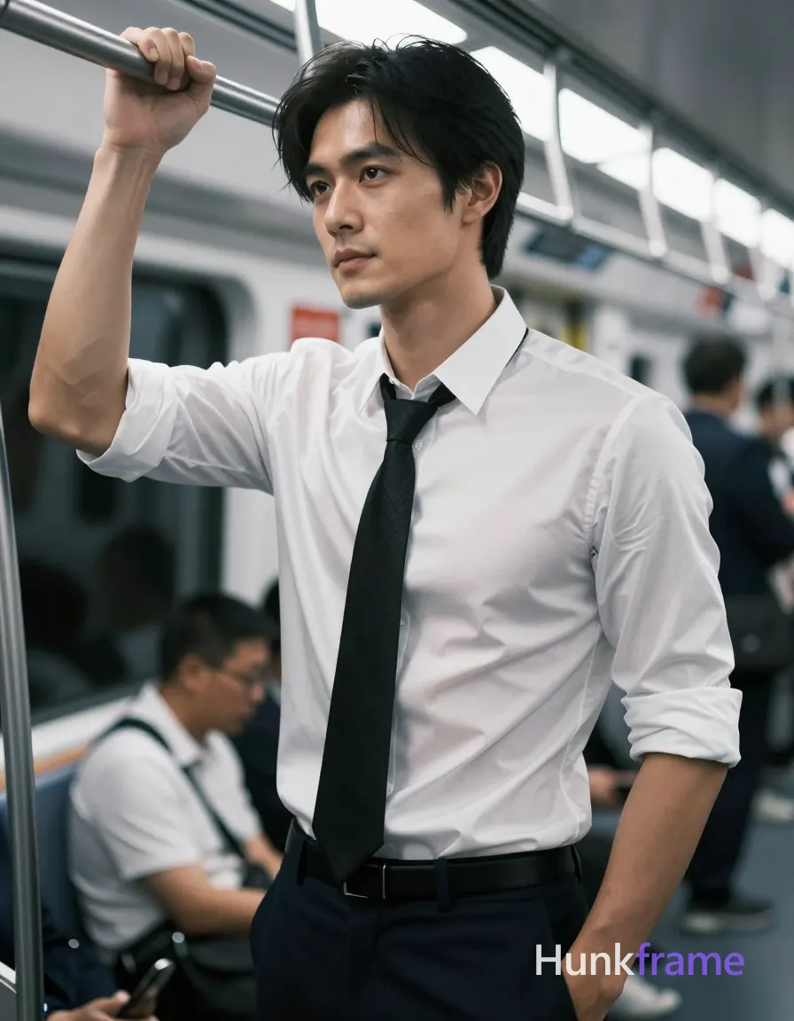 Asian man with light-medium warm skin, clean-shaven face, black medium-length side-parted hair. Standing on a subway train gripping an overhead silver rail with right hand, body angled slightly toward camera while head turns away in contemplation. Wearing tight-fitting white short-sleeved button-up shirt revealing defined pectorals and torso musculature through semi-transparent fabric, loose-knot black striped necktie, dark navy trousers with visible belt buckle. Chest-up portrait from chest to mid-thigh, center-left foreground against blurred commuters. Cool-toned fluorescent subway lighting creates high-contrast highlights on skin and sheen of shirt, soft shadows under jawline. Shallow depth of field isolates subject in dramatic cinematic composition., a single uninterrupted photograph only, no written words or typography anywhere in frame, no captions, no app UI, no social-media post layout, no screenshot borders
