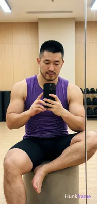 Asian man with short black buzz cut and light stubble sits centered in a gym mirror reflection on a 