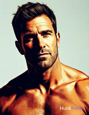 Adult man with dark brown short textured hair and light to medium skin, shirtless showing broad shou