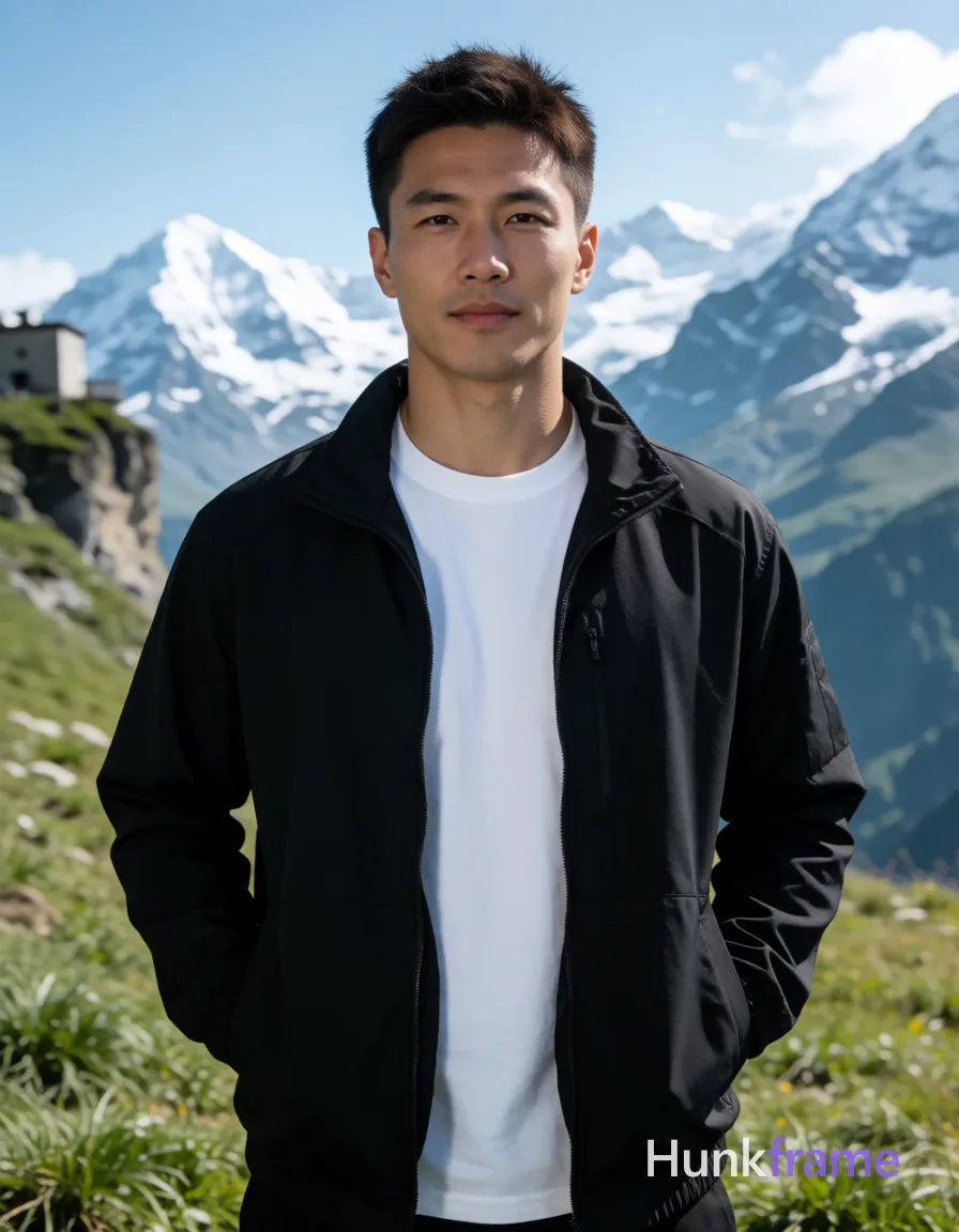 Asian man with short dark brown spiky hair and clean-shaven face, neutral slight smile standing upright facing camera hands in black zip-up jacket pockets; Black unzipped jacket revealing white crew-neck t-shirt underneath against broad athletic shoulders; Waist-up portrait centered foreground waist-to-head visible against mountain backdrop on grassy alpine meadow with snow-capped mountains blue sky cliffside structure left; Bright daylight natural sunlight cool-toned palette sharp focus high-resolution travel photo serene confident mood defined anatomy dramatic directional light confident strength athletic photography; single clean uninterrupted photograph with a cohesive editorial composition and plain continuous surrounding surfaces