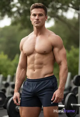 A handsome an anonymous figure man stands outdoors in a serene setting with lush