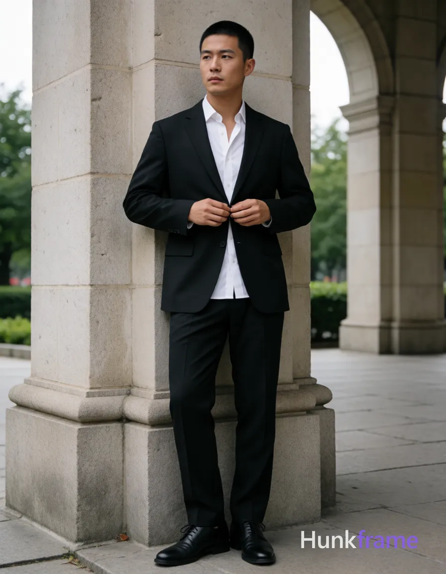 Asian man with short black buzz cut and clean-shaven face, neutral serious expression gazing off-camera left; Standing leaning against a stone column, right shoulder pressed in, weight on left leg while right foot rests on the base, knees slightly bent; Buttoning white button-down dress shirt under open collar without tie near mid-torso with both hands at chest level; Wearing black two-piece suit jacket and trousers, unobstructed face with both eyes, irises, eyebrows, temples, and nose bridge clearly visible visible, skin light-medium tone; Black leather oxford shoes, artistic partial nude neck exposed; Full-body shot center-left against large stone column background showing arched colonnade and greenery beyond; Soft natural daylight diffused by overcast sky or shaded environment, even illumination across face and body; Fine-art photography fashion editorial aesthetic sculpted posing premium styling handsome masculine man as Xiaohongshu fitness influencer candid lifestyle scene trendy vibe, same aesthetic theme and photo feel as the reference but a different man in a different pose with distinct body proportions, German man, fair; single clean uninterrupted photograph with a cohesive editorial composition and plain continuous surrounding surfaces