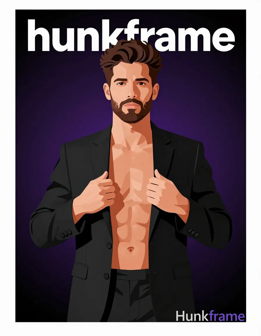 Bold flat-color poster wall art graphic design of adult white man with fair warm skin, dark brown voluminous textured hair styled upward back, short neat beard and mustache; Standing upright facing forward adjusting black tailored suit jacket worn open over bare chest with both hands near button area gripping lapels to keep opening wide; Shirtless showing defined pectoral muscles and toned abdominal definition visible through jacket against seamless dark purple-to-black gradient backdrop; High-contrast color blocking, clean vector line aesthetic emphasizing sculpted form without text or logos; Vertical portrait orientation 13:19 aspect ratio; FULL TEXT REPLACEMENT: remove every original source word, sentence, slogan, logo, and partial spelling from the text-bearing area, then replace it with only the wordmark, spelled exactly "hunkframe" in the original compositional text position; This is replacement; Preserve appropriate typography and scale; No other visible text, logo, caption, username, hashtag, comment, watermark, or UI chrome, same aesthetic theme and photo feel as the reference but a different man in a different pose with distinct; single clean uninterrupted photograph with a cohesive editorial composition and plain continuous surrounding surfaces