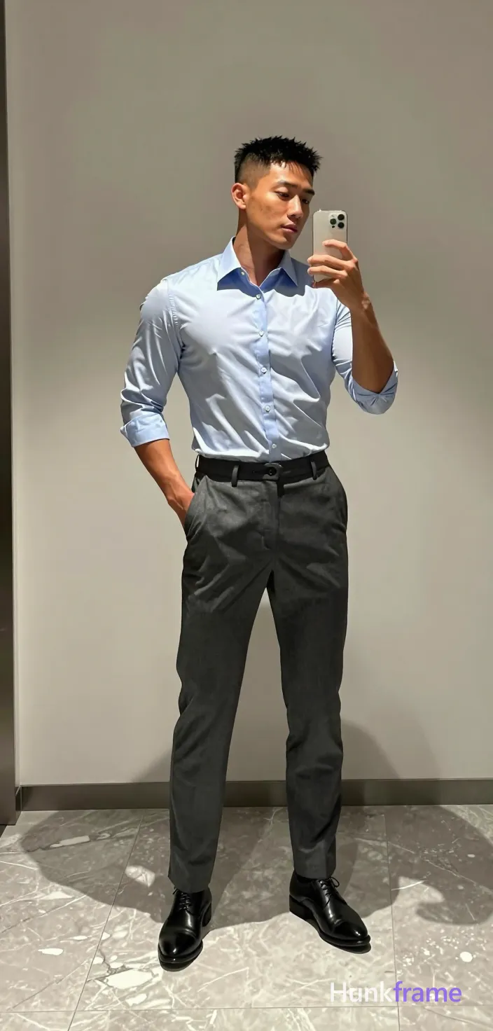 Korean man with light-medium skin and short buzz cut stands upright facing a full-length mirror in an interior room; He wears a light blue button-down dress shirt with rolled cuffs, dark grey pleated trousers with a visible belt, and black leather dress shoes; His left hand is inserted into the front pants pocket while his right arm raises a white smartphone to capture a mirror selfie; The lean build occupies majority vertical space in the reflection; Soft ambient indoor lighting illuminates clean lines and neutral tones within marble flooring; Polished minimalist mood with dramatic athletic photography direction, same aesthetic theme and photo feel as the reference but a different man in a different pose with distinct body proportions, Moroccan man, deep tan, dark curls, defined abs natural not exaggerated; single clean uninterrupted photograph with a cohesive editorial composition and plain continuous surrounding surfaces