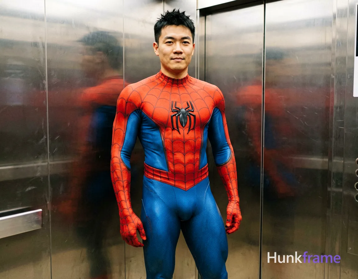 Asian man with light-medium skin and black short spiky hair, clean-shaven face with a neutral slight smile. Standing leaning against an elevator interior wall in full-body Spider-Man costume featuring red torso blue limbs and black spider emblem on chest with long-sleeved gloves matching suit pattern. Vertical portrait framing from mid-thigh up center-left foreground capturing thick thighs fit physique sculpted by even indoor lighting reflecting off metallic doors to right rendered as bold flat-color poster graphic design., wearing underwear or swim trunks, covered genitals, no frontal nudity, a single uninterrupted photograph only, no written words or typography anywhere in frame, no captions, no app UI, no social-media post layout, no screenshot borders