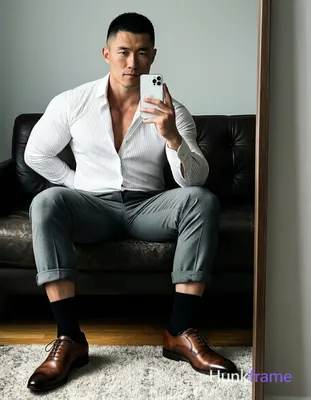 Asian man seated on dark leather sofa, legs spread knees bent taking mirror self