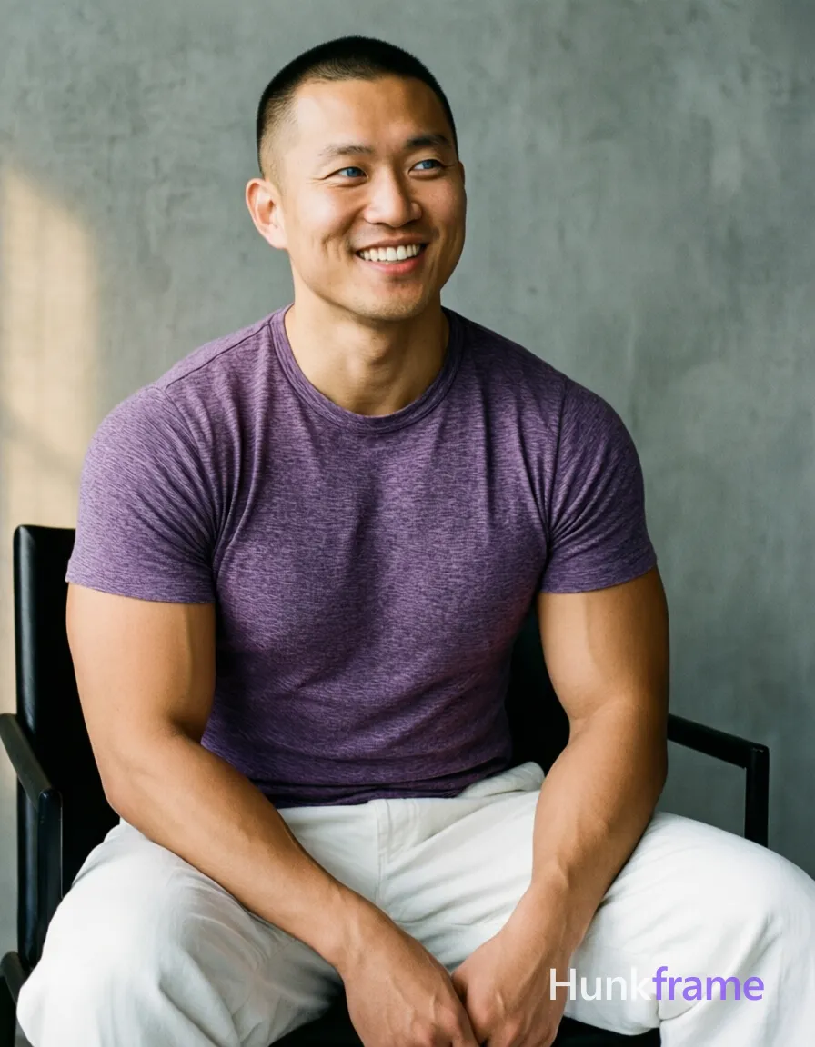 Asian man with short buzz cut and clean-shaven face smiling, seated upright on a black chair against a textured gray wall; He wears a snug purple marled crew-neck t-shirt revealing broad shoulders and defined pectorals, paired with loose white pants; His torso is relaxed while his head turns slightly to the viewer's right; Warm soft light from the left emphasizes his meaty chest build in a minimalist fine-art photography style, same aesthetic theme and photo feel as the reference but a different man in a different pose with distinct body proportions, Scandinavian man, very fair skin, ice blue eyes, Viking-broad shoulders lean waist; single clean uninterrupted photograph with a cohesive editorial composition and plain continuous surrounding surfaces
