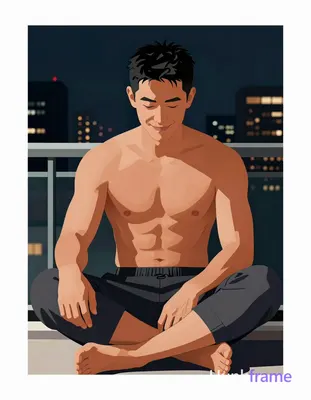 Bold flat-color wall art graphic of an Asian man with tanned skin and short blac