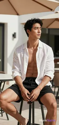 Asian man with light-medium skin and black short hair styled with volume, clean-shaven face looking 
