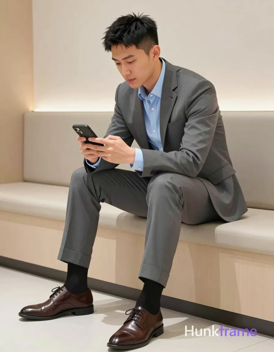 Asian man with short black textured hair and clean-shaven face, seated sideways on a beige upholstered bench in modern interior; He wears grey single-breasted suit jacket over light blue button-down shirt with top two buttons undone, matching rolled-cuff trousers, black crew socks, dark brown leather dress shoes; Holding black smartphone with both hands at chest level, looking down at screen while torso leans slightly toward camera; Soft ambient indoor lighting highlights clean lines and minimalist decor in polished anime 2.5D next-gen game art style; single clean uninterrupted artwork with a cohesive composition and plain continuous surrounding surfaces